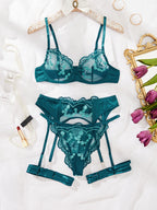 Embroidered splicing sexy shaping lingerie four piece set