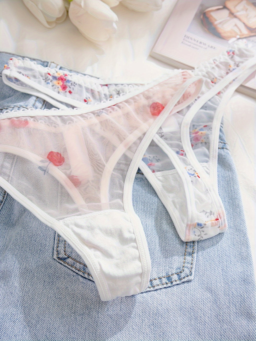 [Floral Print Undergarments] 7-Pack Women's Floral Print undergarments - Soft Semi-Sheer Everyday & Special Occasion Panties, Triangle Cut with Floral Pattern in Pink/Red/White/, Elegant Ladies Underwear for Bras & Outfits, F