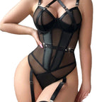 Perspective mesh seductive corset neck hanging lingerie set for women