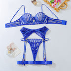 Blue embroidery gathered perspective slim fit sexy lingerie split set
