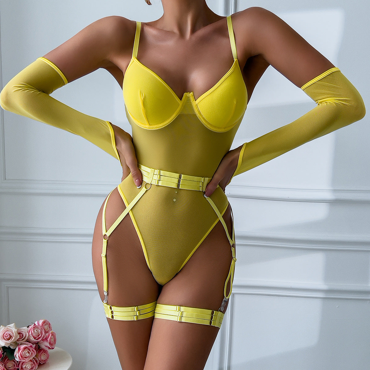 Sexy Lingerie Mesh Strap Splicing with Gloves Suspender Bodysuit Set