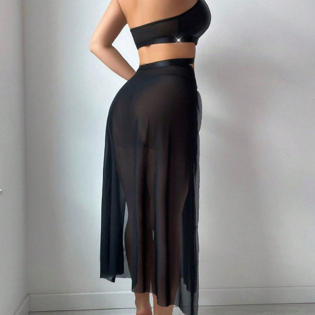 Sexy patchwork mesh perspective lingerie set for women