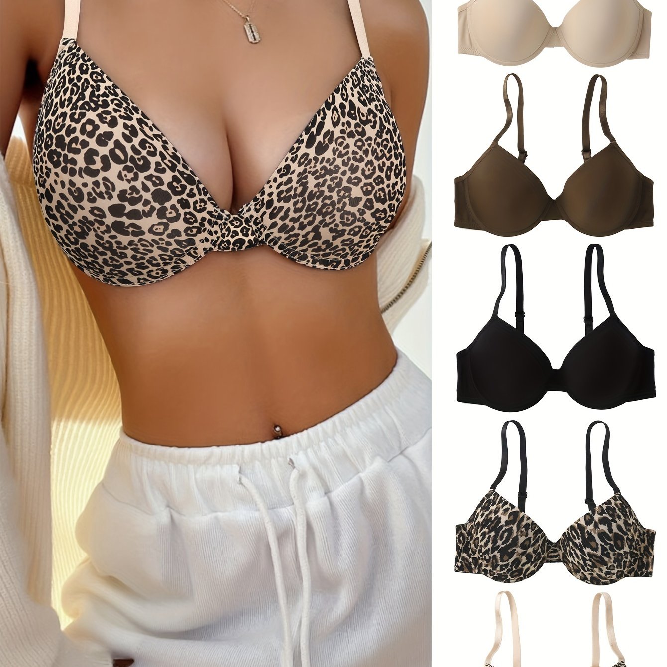 5pcs Luxurious Leopard Print & Solid T-Shirt Bras - Ultra-Comfortable, Breathable Push Up Design - Seamless, Adjustable Straps for Womens Lingerie Wardrobe Essentials