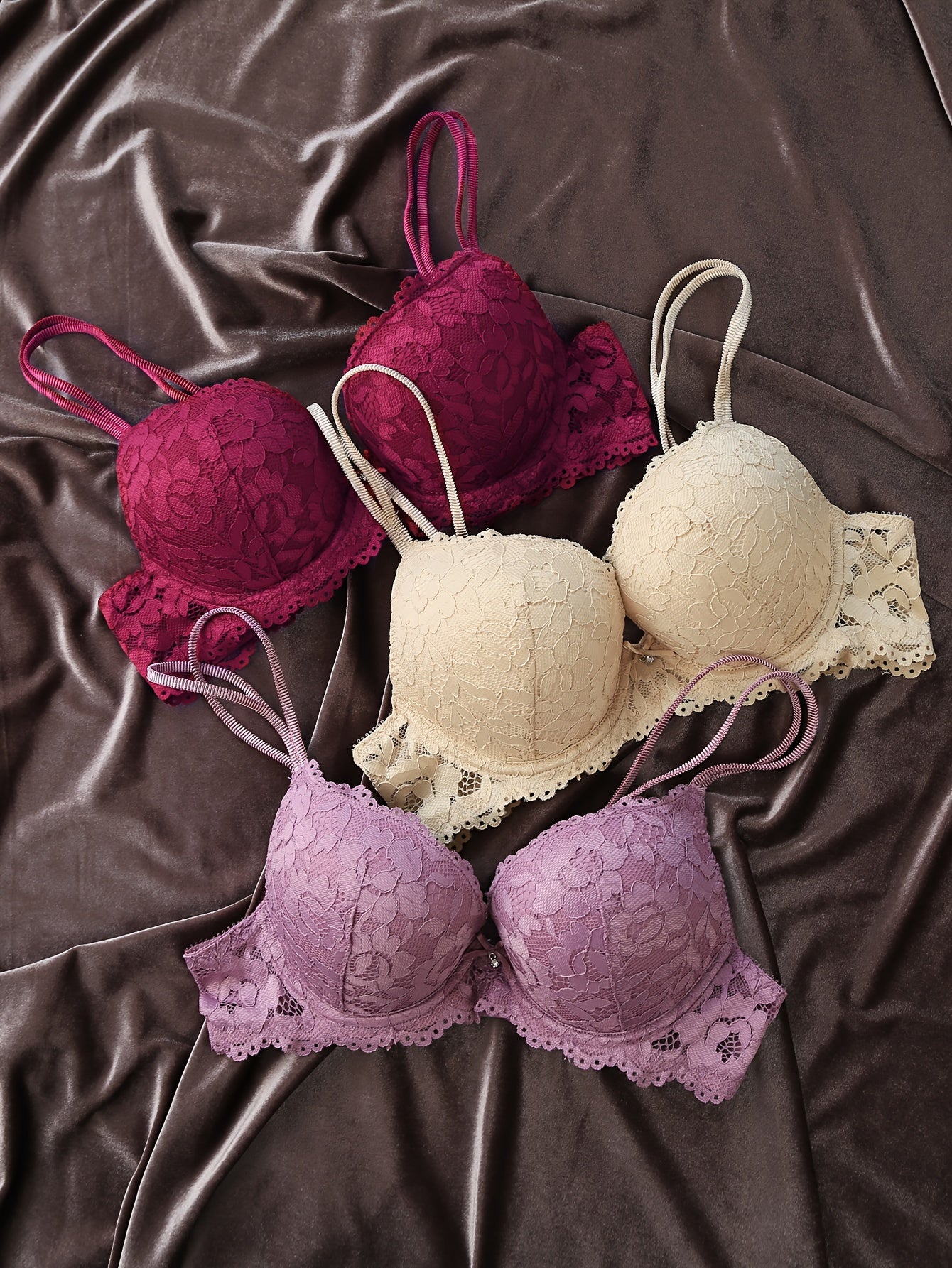 3pcs Contrast Lace Push Up Bras, Comfy & Breathable Intimates Bra, Women's Lingerie & Underwear
