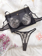 Flower embroidery steel ring gathering perspective lingerie two-piece set