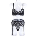 Lace mesh embroidery sexy lingerie gathering straps three piece set shaping body