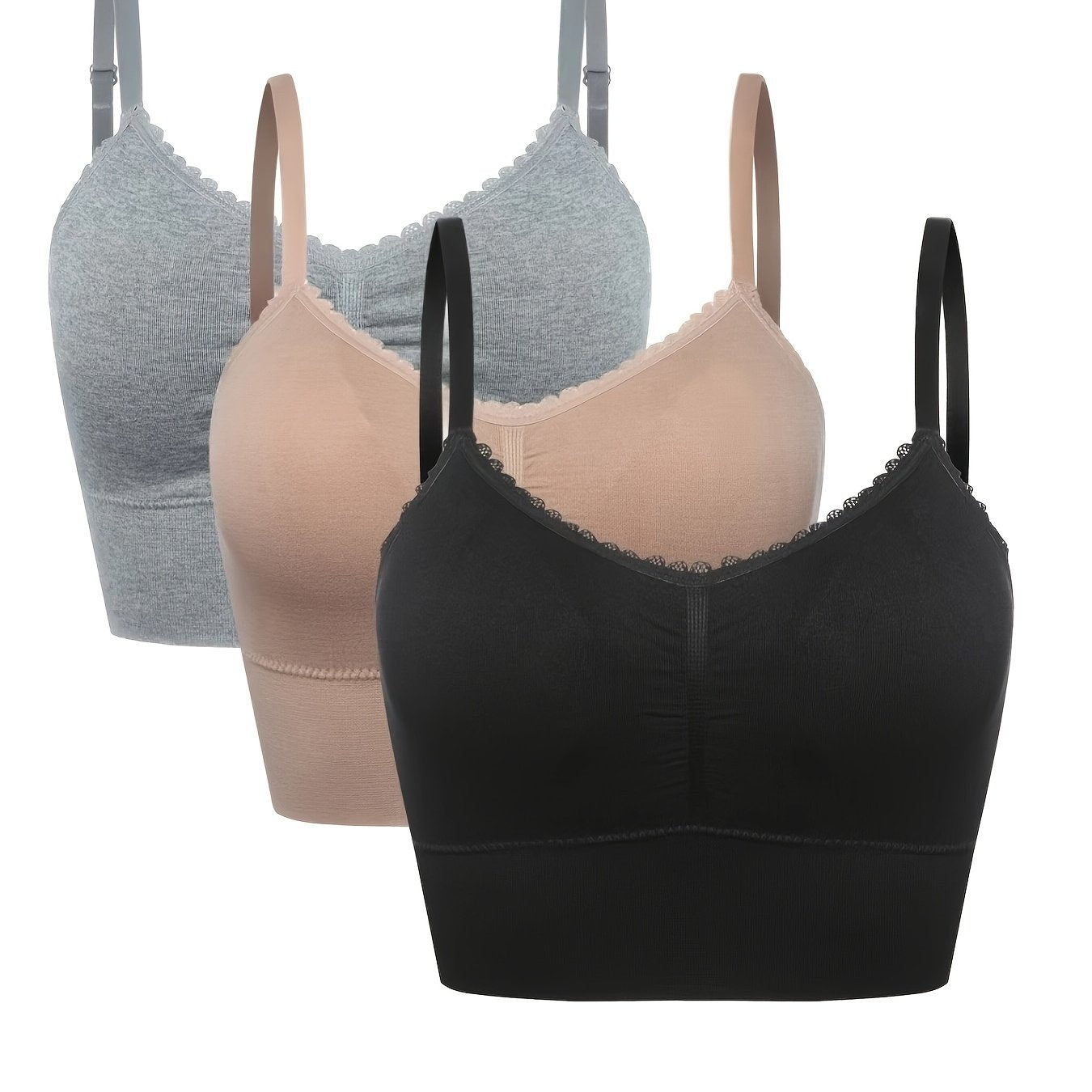3pcs Women's Plus Size Seamless High-Elasticity Bras - Wire-Free Comfort with Removable Pads & Lace Trim, Soft Stretch Fabric for Casual Attire (Light Pink, Black, Grey), Comfortable Undergarments, Elegant Bra Design, Smooth