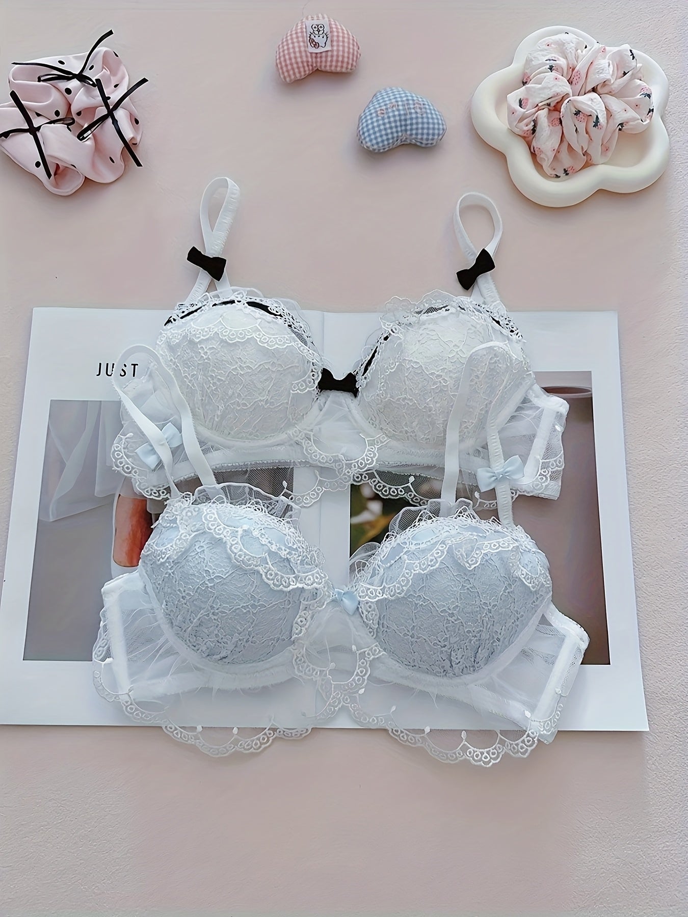 2pcs Pure Desire Contrast Lace Bow Bra for Women, Sexy Mesh Splicing Wire-Free Comfortable Soft Underwear, Bra And Panty Sets for Women, No Underwear Bra Clip Front, Seamless Bras, Sports Bras for Women Padded, Minimiser Bras