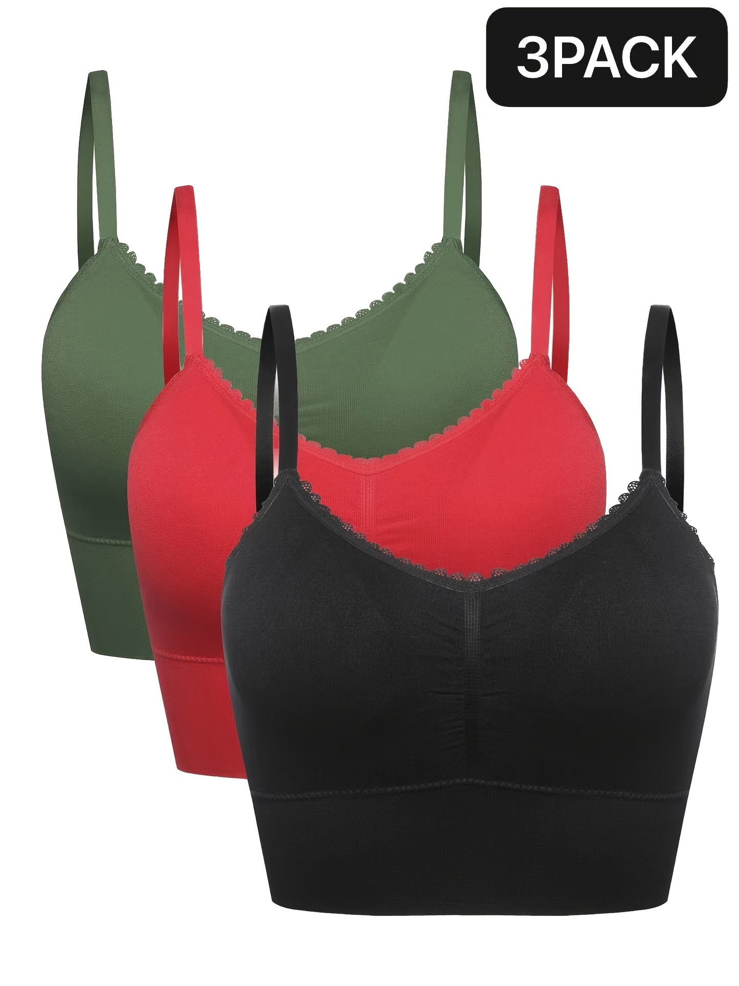 3pcs Women's Plus Size Seamless High-Elasticity Bras - Wire-Free Comfort with Removable Pads & Lace Trim, Soft Stretch Fabric for Casual Attire (Light Pink, Black, Grey), Comfortable Undergarments, Elegant Bra Design, Smooth