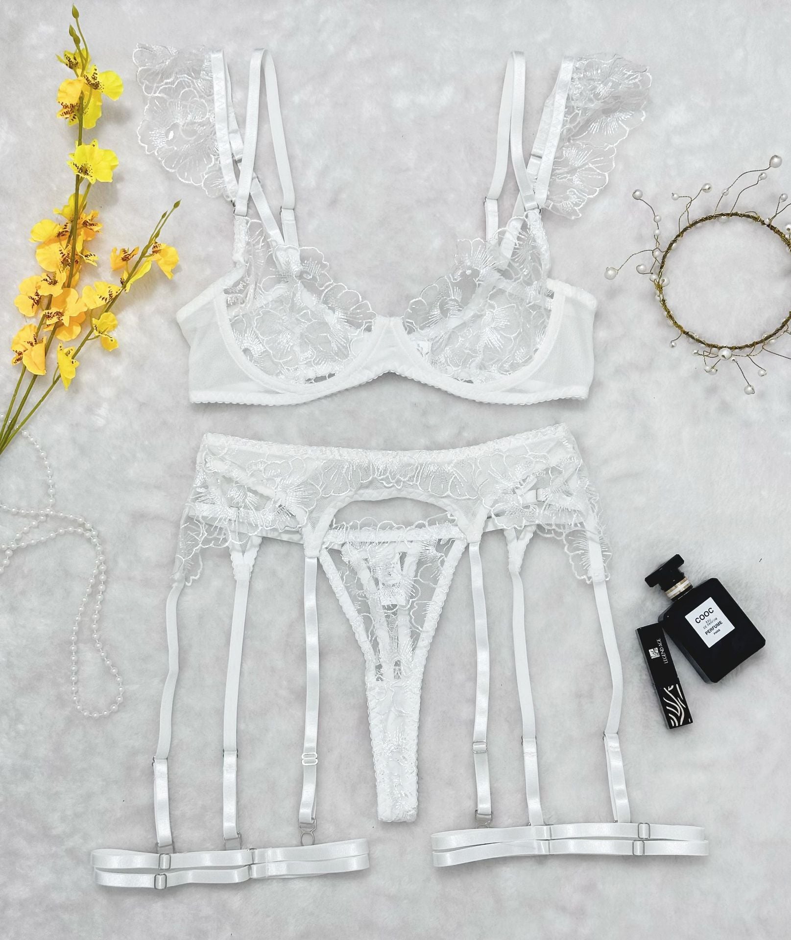 Sexy Lingerie Set with Heavy Embroidery and Sheer Mesh Underwire Bra