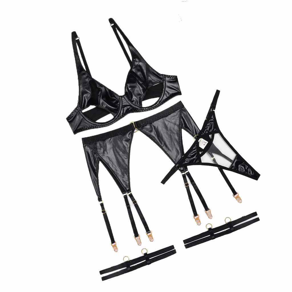 Hollow out backless transparent sexy lingerie garter belt four piece set