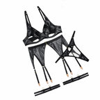 Hollow out backless transparent sexy lingerie garter belt four piece set