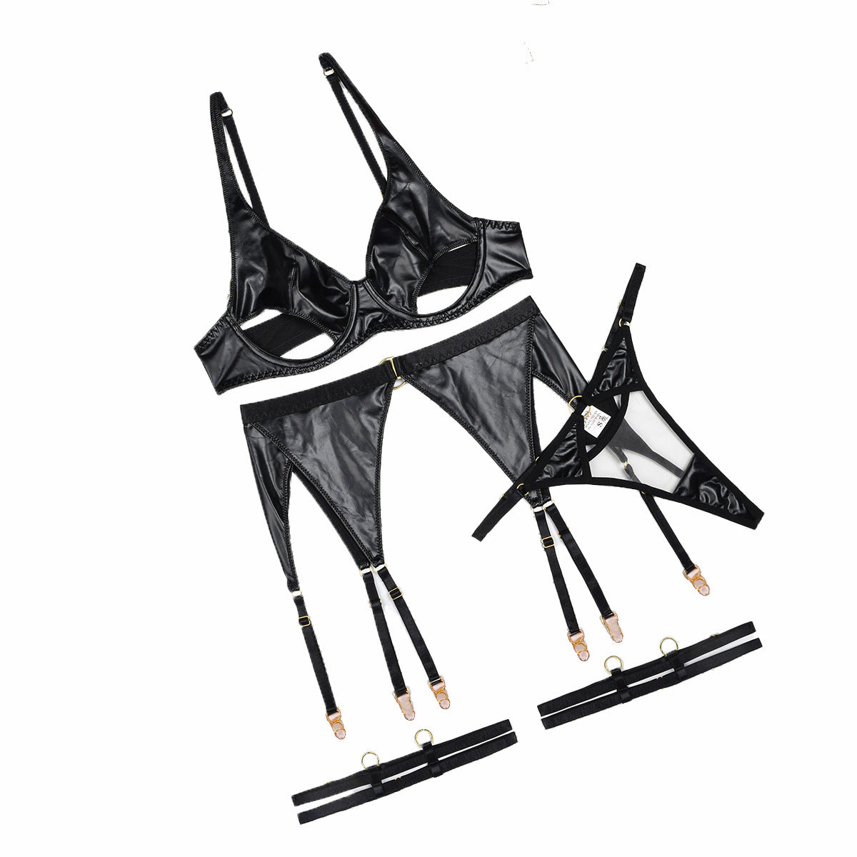 Hollow out backless transparent sexy lingerie garter belt four piece set