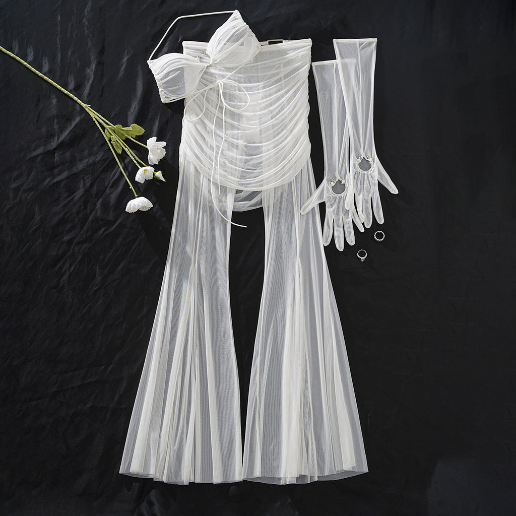 Sexy mesh perspective seductive lingerie pants backless bra set