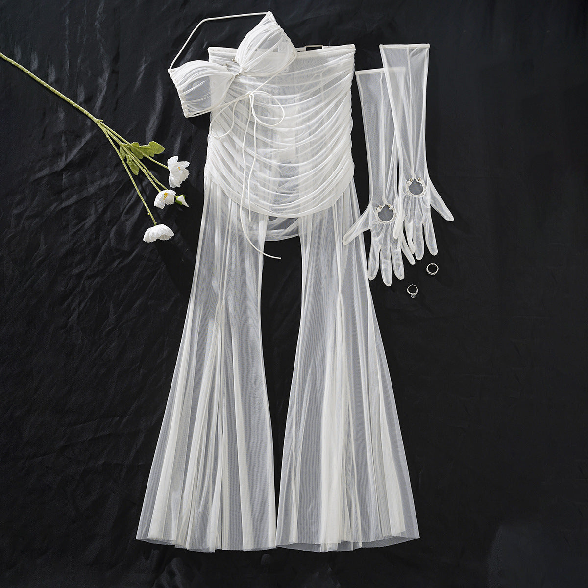 Sexy mesh perspective seductive lingerie pants backless bra set