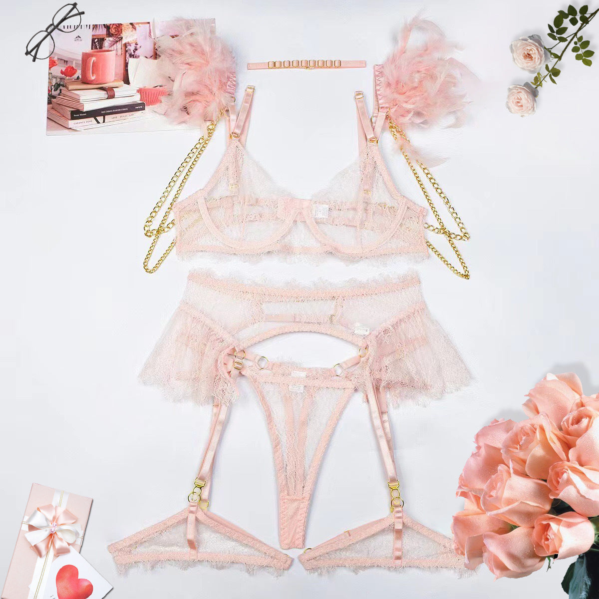 Lingerie Set Fashion Feather Splicing Removable Metal Chain Lace Trim Sexy Four-Piece Set