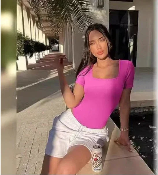 Women's Bodysuits Sexy Ribbed One Piece Square Neck Short Sleeve Bodysuits sexy bodysuit lingerie bodysuit