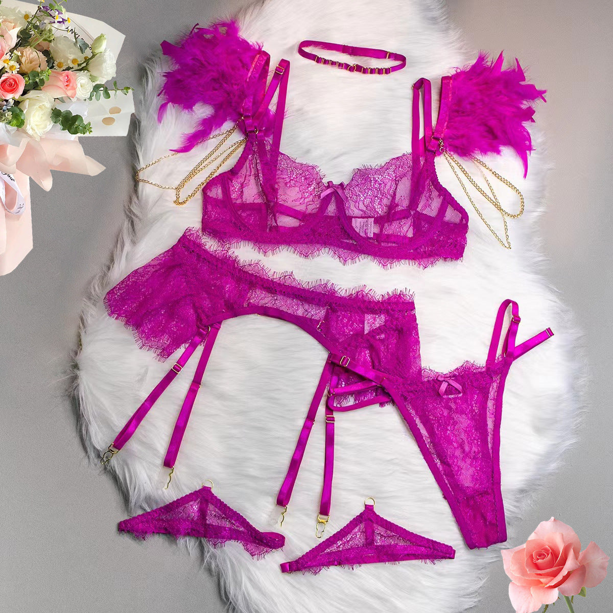 Lingerie Set Fashion Feather Splicing Removable Metal Chain Lace Trim Sexy Four-Piece Set