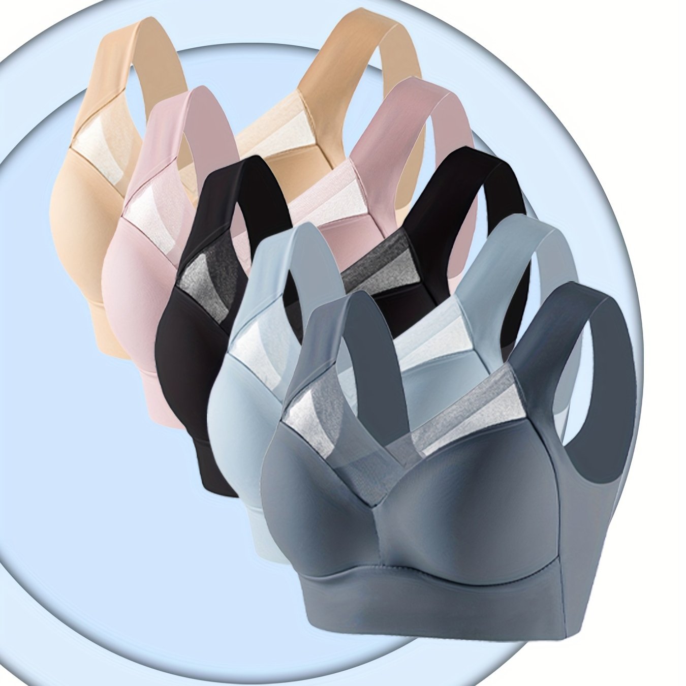 5-Piece Set of Wireless Mesh Contrast Sports Bras - High Elasticity, Push-up, Supportive, Thin Molded Cups for Yoga and Fitness - Breathable, Sweat-Wicking, Comfortable, and Adjustable Straps