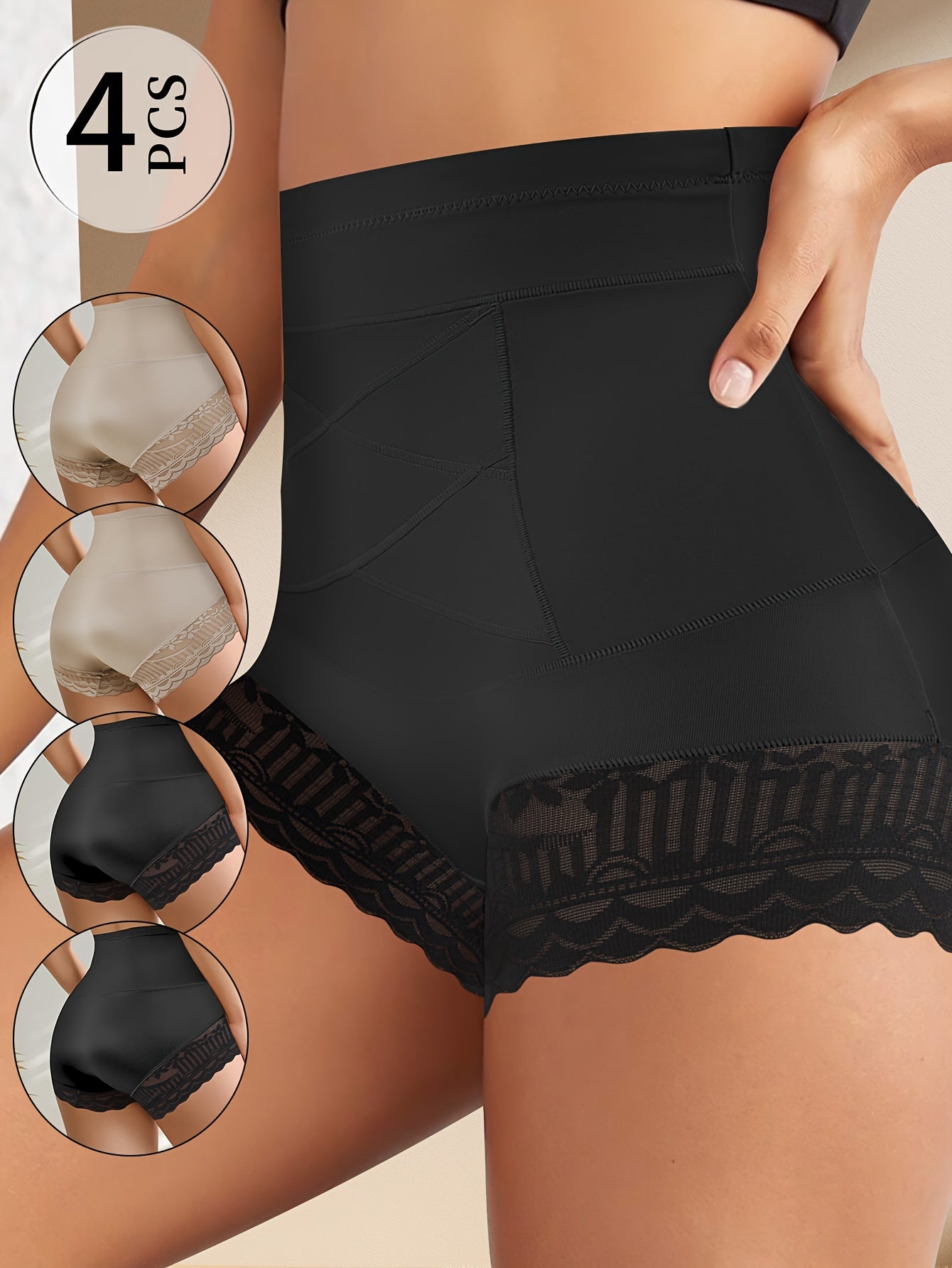 QUASTI 4-Pack High Waisted Women'S Panties, Breathable Knit with Lace Trim, Mid-Level Support, Striped Pattern, Romantic Style, Tummy Tuck Waist Shaping Underwear