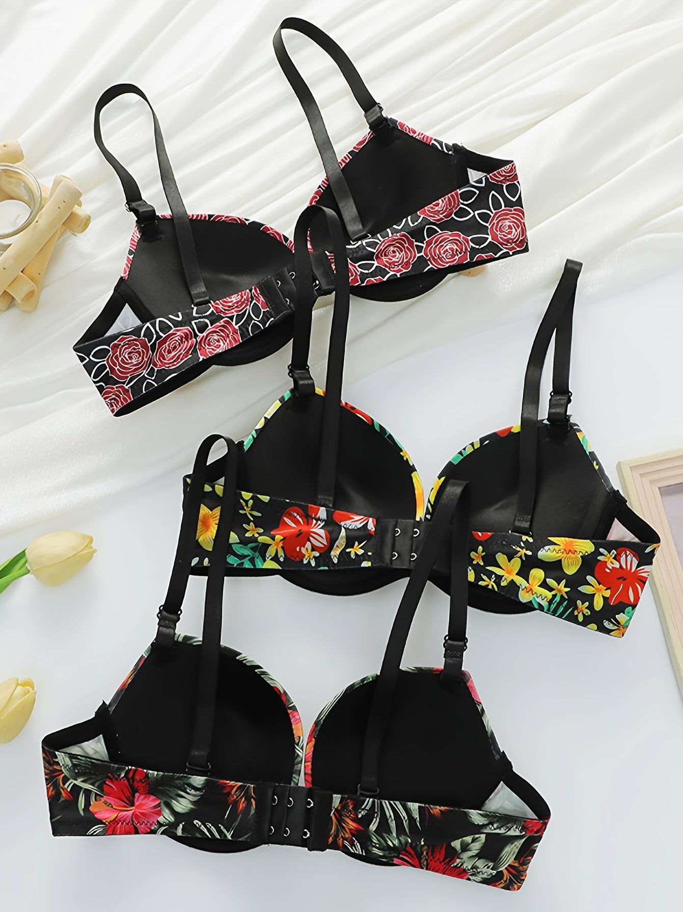 3pcs Women's Sexy Floral Underwire Push-Up Bra, Bra Sets, Padded Bras for Women Asian, Padded Bralette, Lace Bralettes, Bra And Panty Sets for Women, Padded Bra, Convertible Bra, High Bra, No Back Bras Unpadded, Push Up Bras