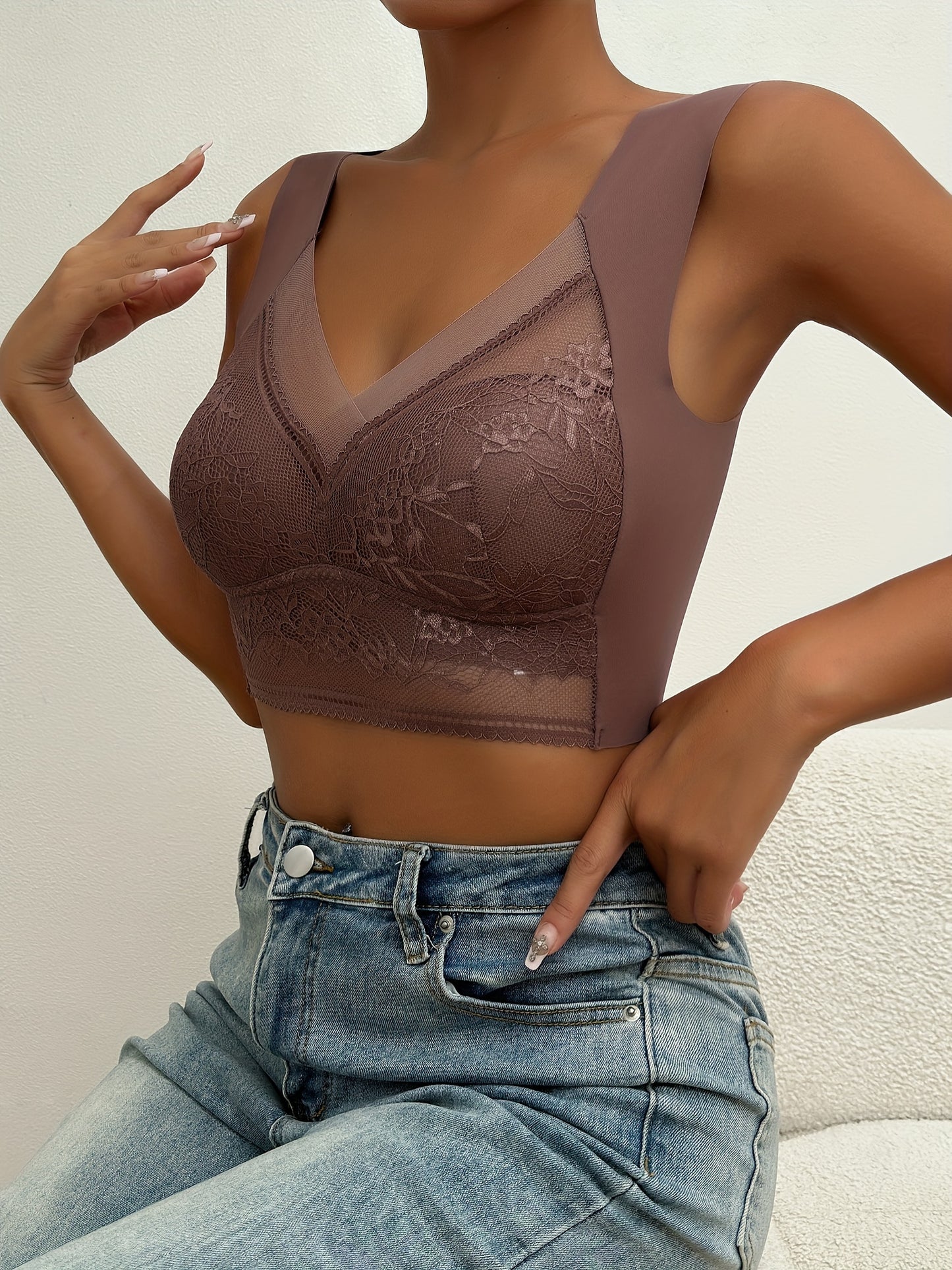 3pcs Comfy Contrast Lace Wireless Bras, Push Up & Breathable Women's Lingerie & Underwear