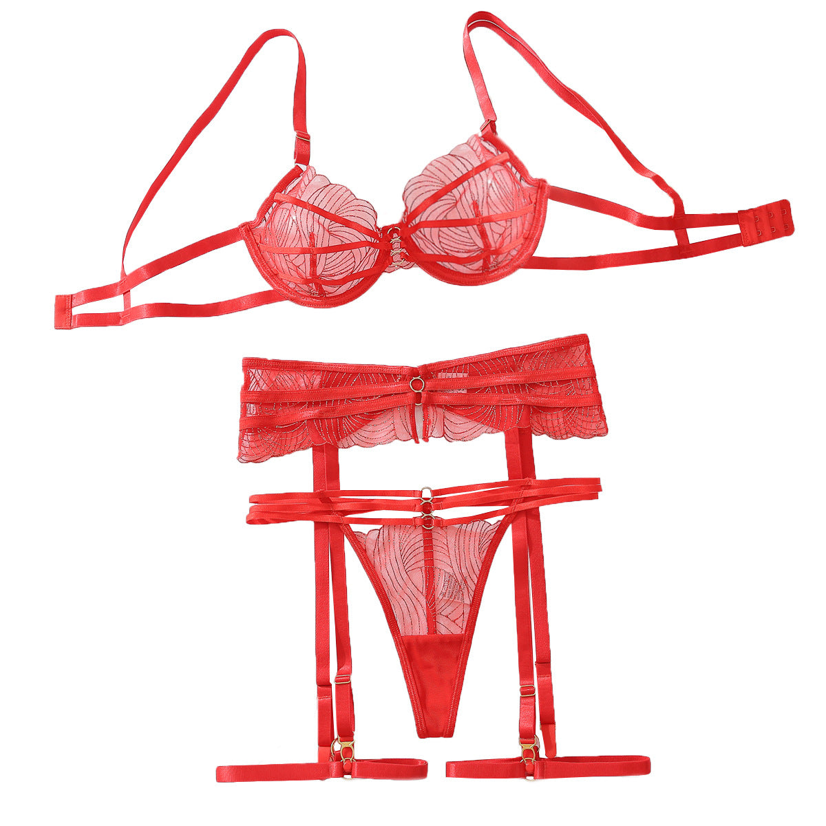 Red perspective embroidery gathered shaping adjustable and sexy lingerie set