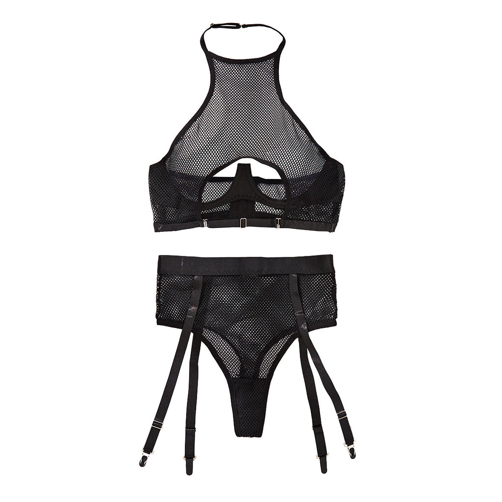 Mesh hanging neck hollow back sexy lingerie two-piece set