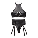 Mesh hanging neck hollow back sexy lingerie two-piece set