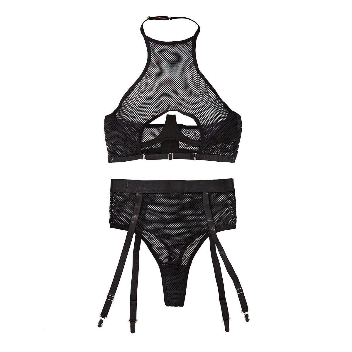 Mesh hanging neck hollow back sexy lingerie two-piece set
