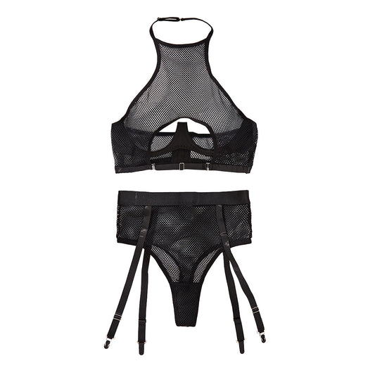 Mesh hanging neck hollow back sexy lingerie two-piece set
