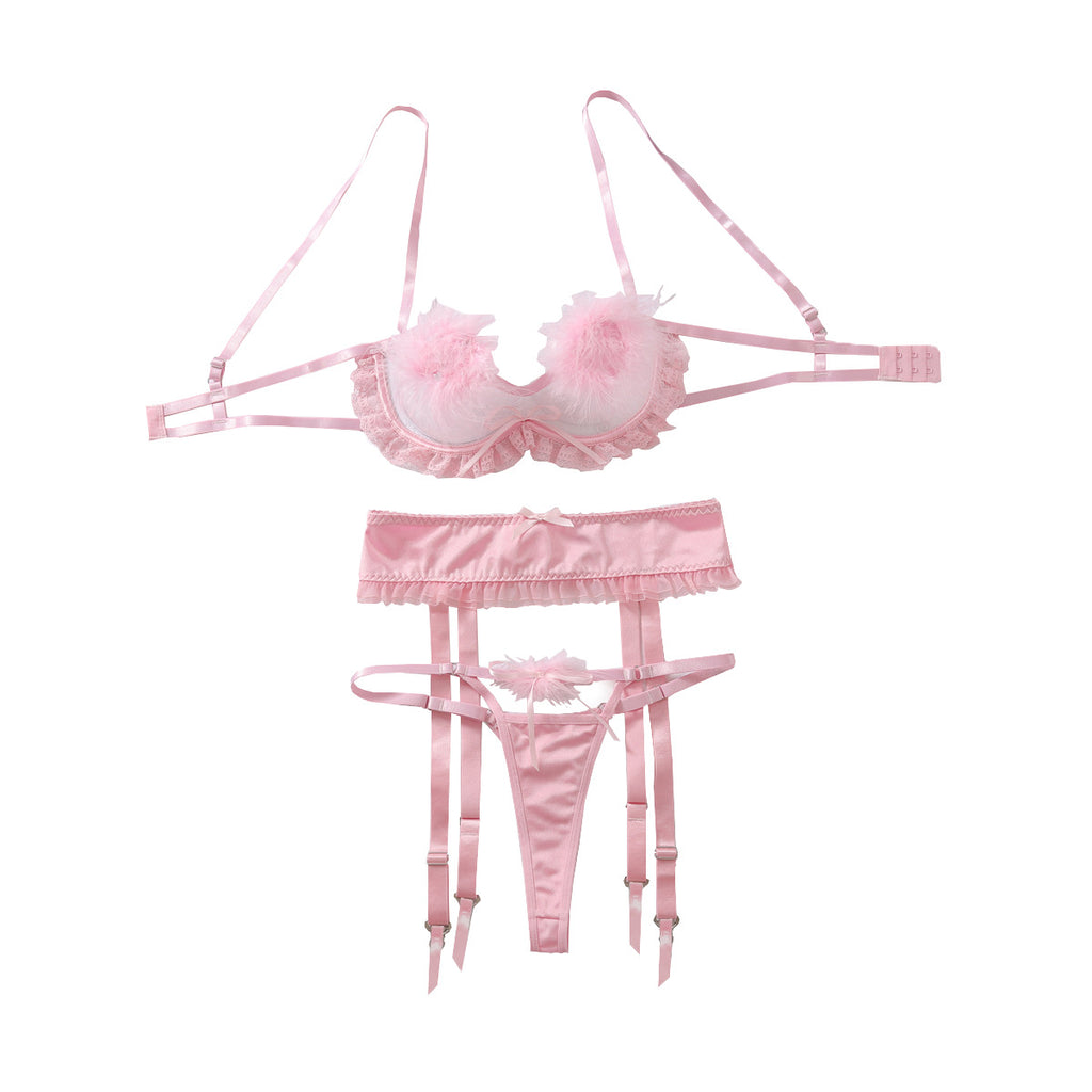 Hollow out perspective splicing feather themed lingerie three piece set