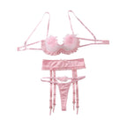 Hollow out perspective splicing feather themed lingerie three piece set