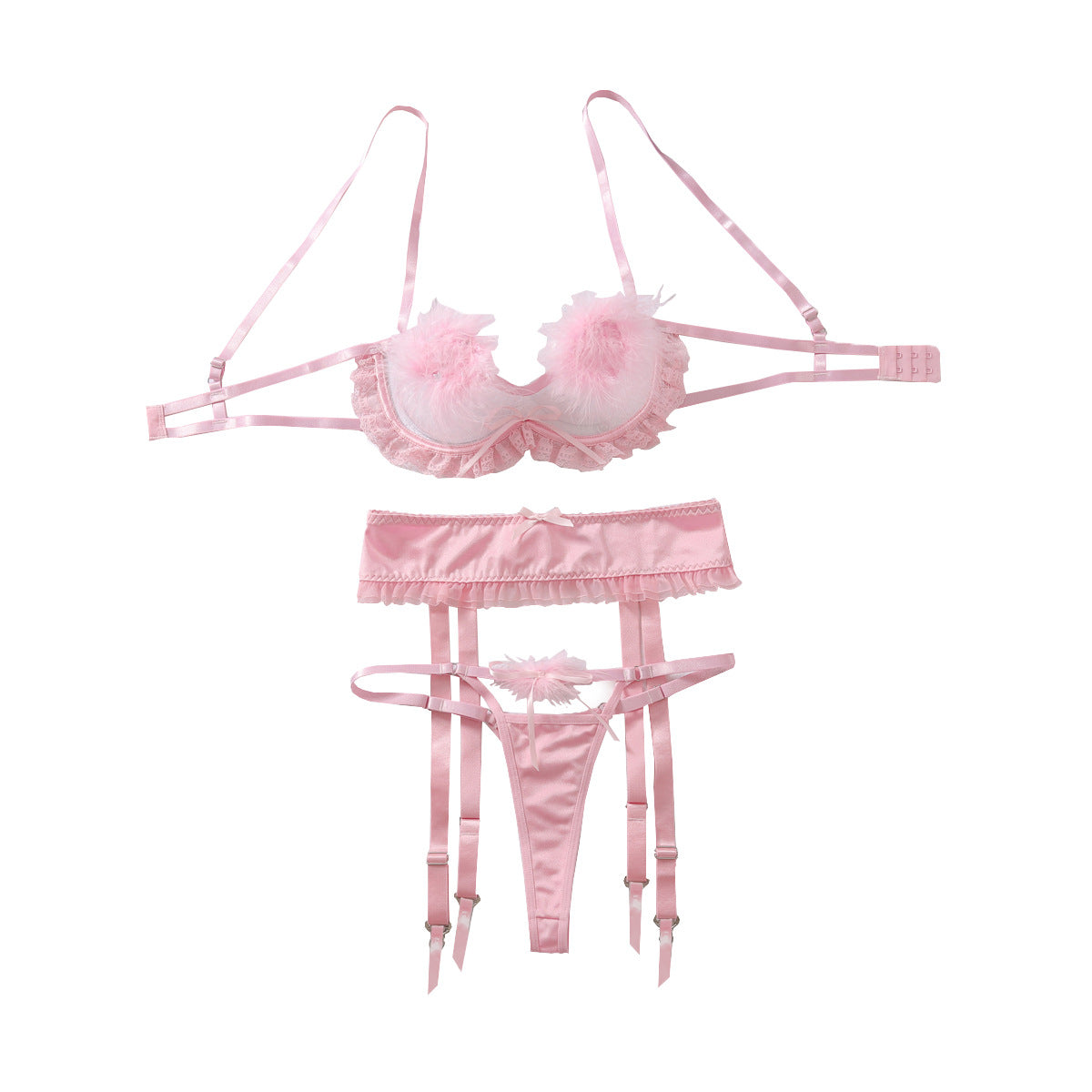 Hollow out perspective splicing feather themed lingerie three piece set