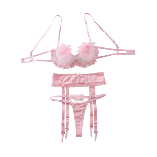 Hollow out perspective splicing feather themed lingerie three piece set