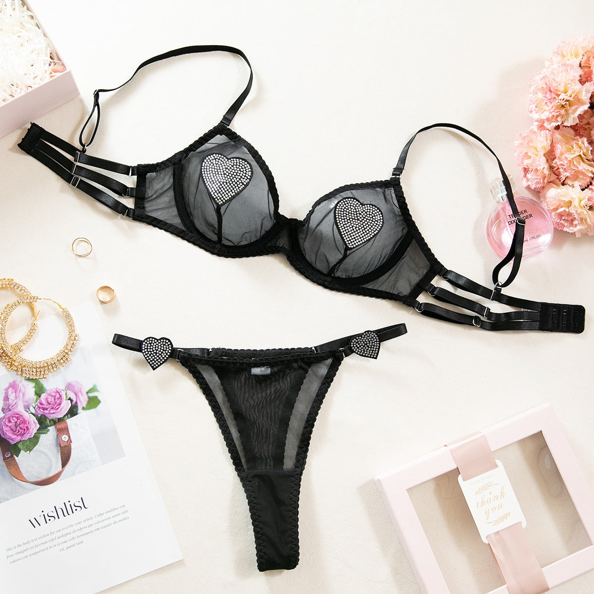 Sexy Sheer Mesh Heart Rhinestone Bra and Garter Belt Lingerie Set