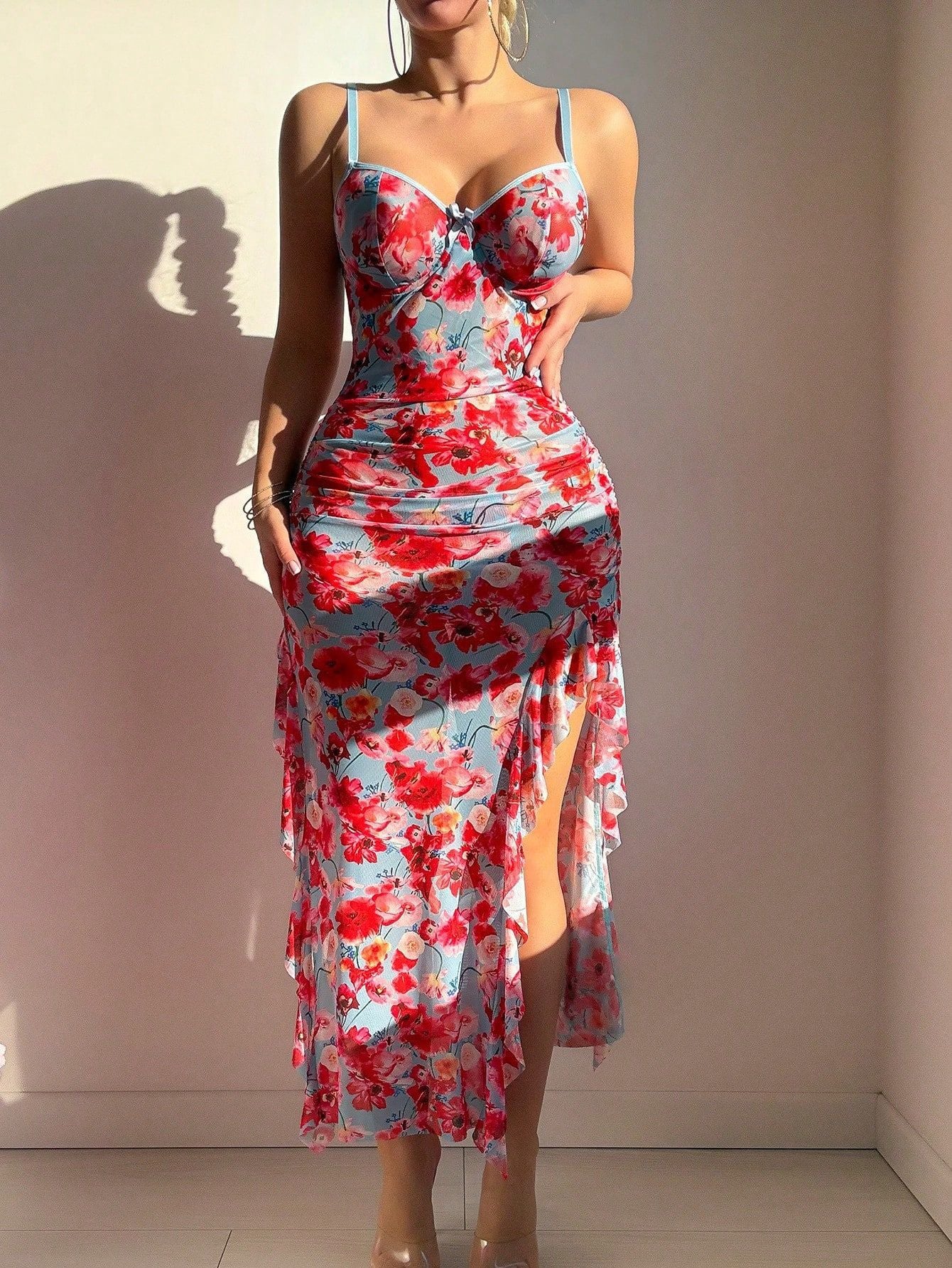 Mesh floral camisole dress sleepwear erotic lingerie sexy women's set