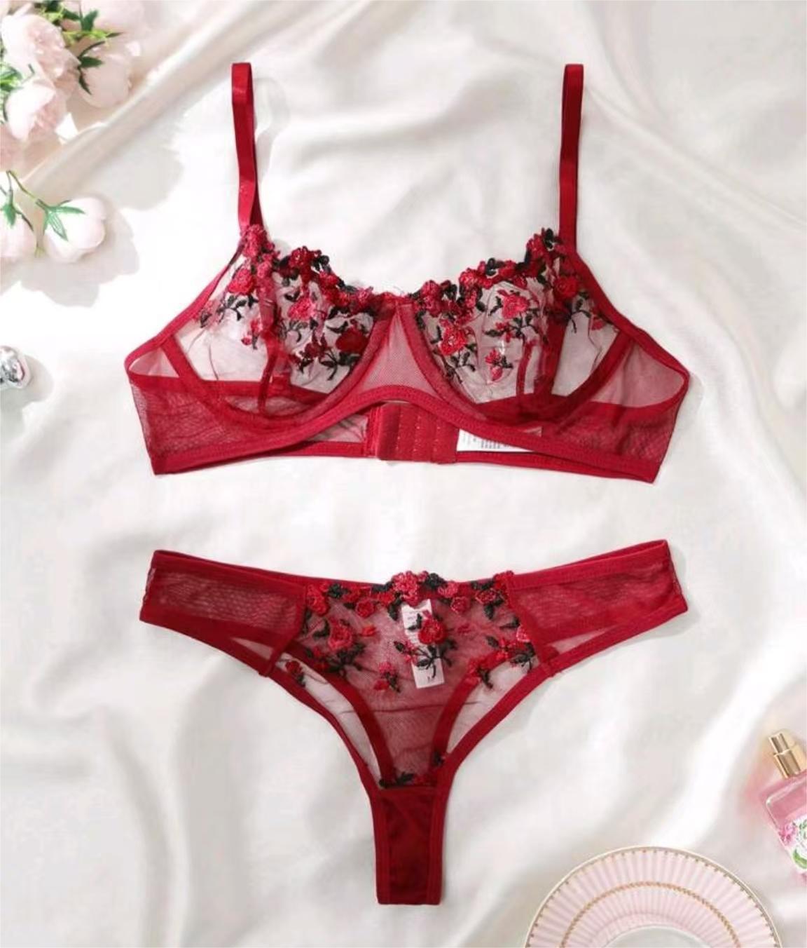 Women's Intimates Sweet and Sexy Low Waist Floral Embroidery Mesh Transparent Lingerie Two-Piece Set