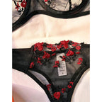 Women's Intimates Sweet and Sexy Low Waist Floral Embroidery Mesh Transparent Lingerie Two-Piece Set