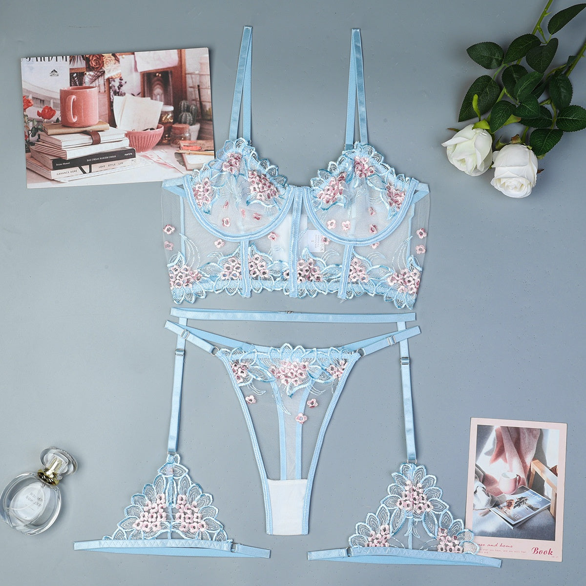 Sexy Lingerie Set with Embroidery - Three-Piece Suit for Women