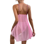 Sexy Mesh Floral Strap Bow Slit Nightgown Set with Lingerie Style
