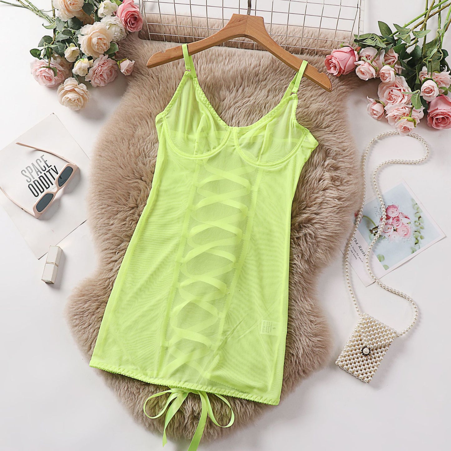 Sexy Mesh Strapless Lingerie Transparent Lace Erotic Bodysuit Nightgown