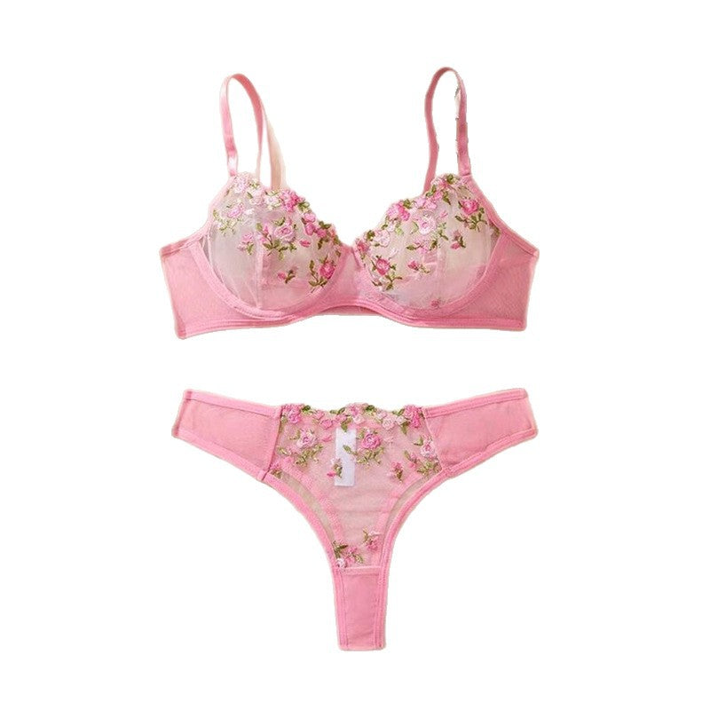 Women's Intimates Sweet and Sexy Low Waist Floral Embroidery Mesh Transparent Lingerie Two-Piece Set