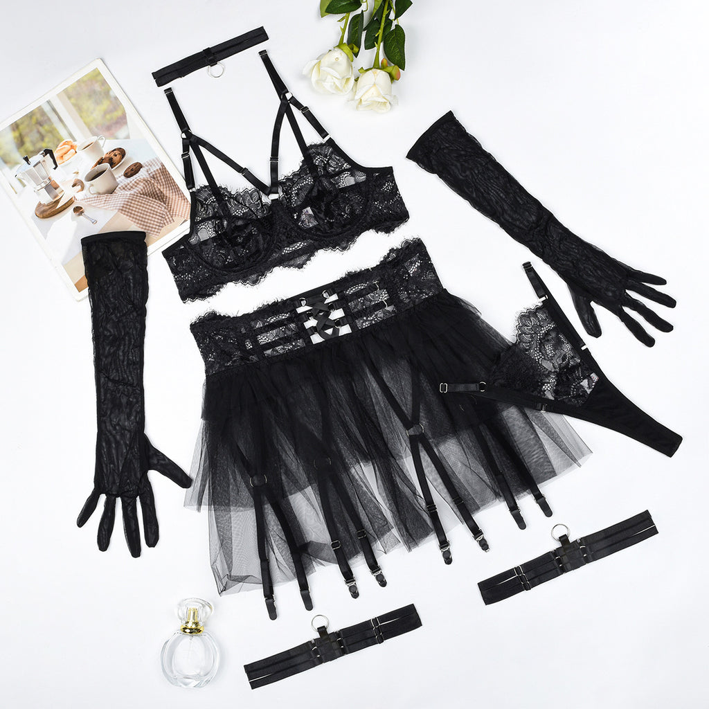 Sexy lingerie lace see through mesh sexy fluffy skirt six piece set for women
