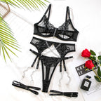 Style Embroidered Lingerie Four-Piece Set with Metal Chain and Leg Garters