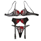 Embroidered sexy three-point style erotic lingerie gathering bra three piece set