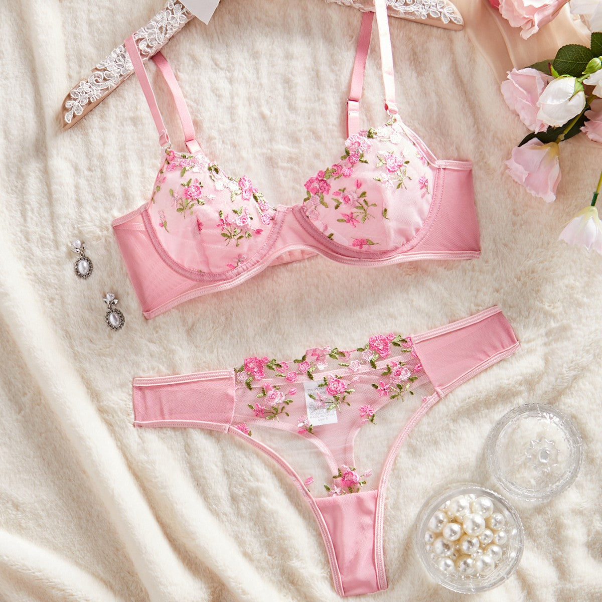 Sheer Mesh Sweet and Sexy Lingerie Temptation Set with Thong Underwear