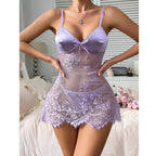 Sexy Lingerie Nightgown Silk Splicing Lace Transparent Strap Dress with Thong Set