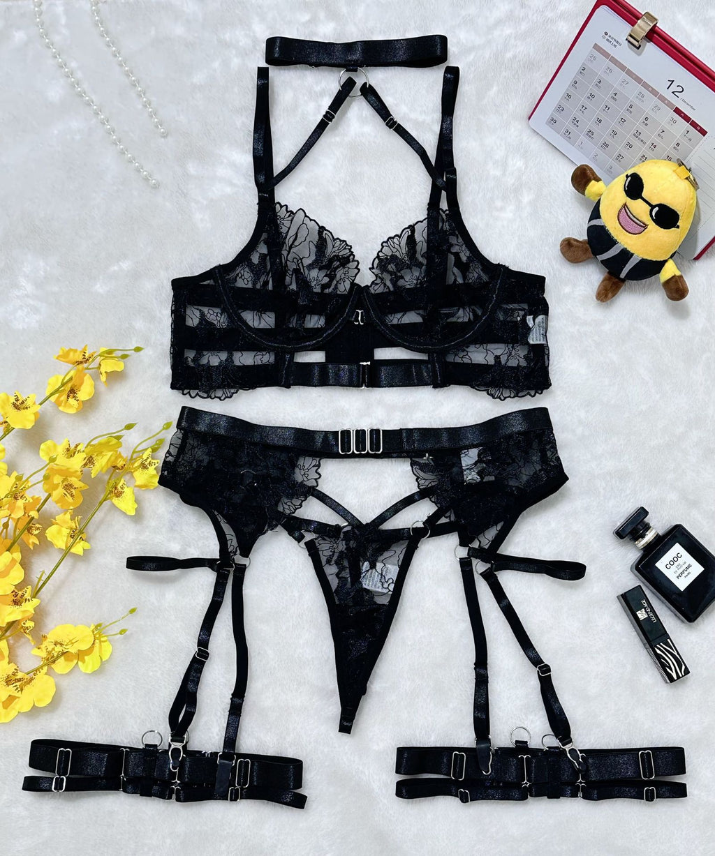 Sexy Cross-Strap Embroidered Sheer Mesh Splicing Lingerie Set for Women
