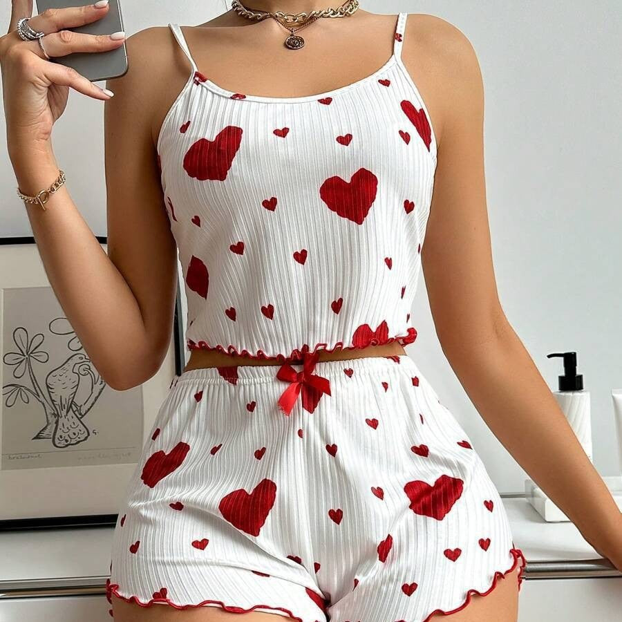 Sexy Lingerie Set with Heart Print Sweet Strap Nightwear Suit